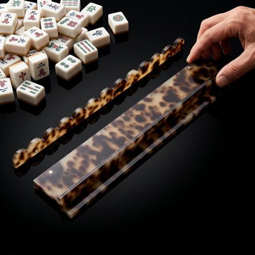 Effortless Mahjong Game: 4 Tortoise Shell Acrylic Racks (20) with Magnetic Pushers & Wavy Edge – Smooth Tile Alignment, Easy Storage