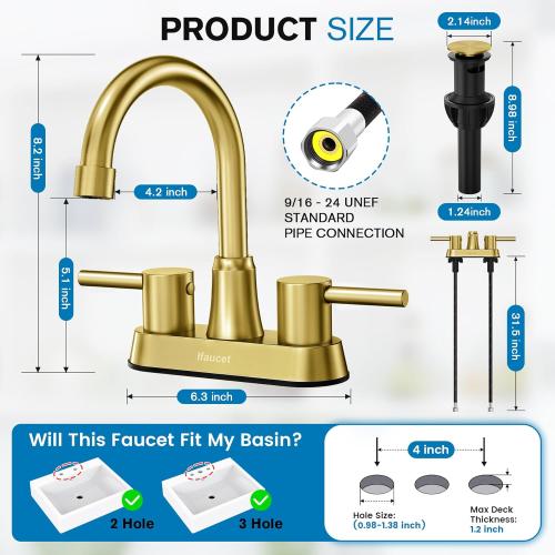 Gold Bathroom Faucet, Brushed Gold Bathroom Faucet, Gold Faucets for Bathroom Vanity, 4 Inch 2 Handle Centerset, Lead-Free, with Copper Pop Up Drain (Brushed Gold)