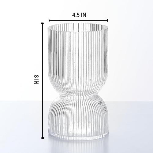 7.5 inch Vase for Flowers, Clear Ribbed Thickened Glass Vases, Hourglass Bud Flower Vase for Bookshelf, Dinner Table, Indoor Office Desktop, Meeting Room, Bathroom, Home Decor, Christmas Decoration