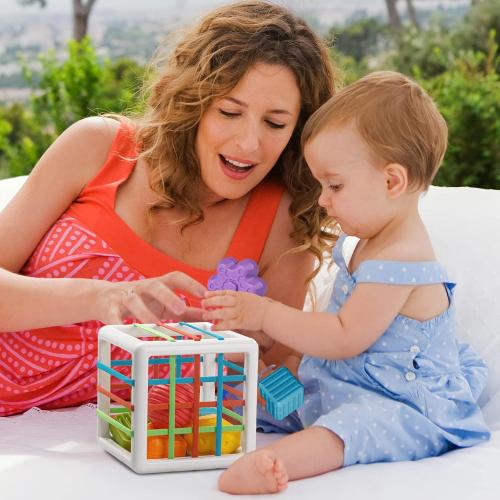 Montessori Toys for 1 Year Old, Cube & 6 Sensory Shape Blocks, Baby Toys 12-18 Months, Developmental Infant Birthday Gifts for Learning Toddler Age 1 2 3