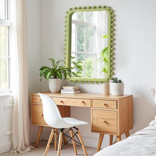 Bathroom Mirror for Wall with Wooden Beaded, 30x20 Rectangular Solid Wood Vanity Mirror for Farmhouse, Bathroom, Bedroom Decor(Green)