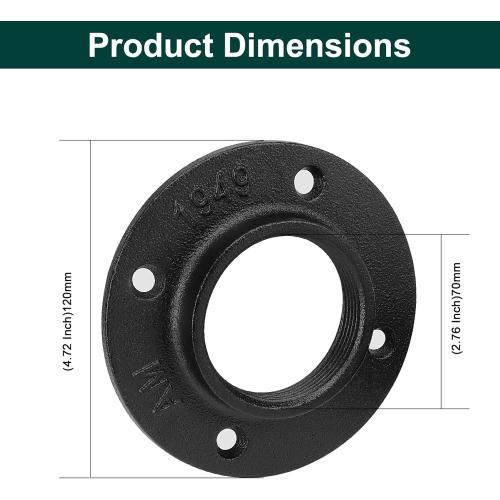 Industrial Pipe Floor Flange, Heavy Duty Malleable Iron Pipe Fittings, Wall Mounted Vintage DIY Threaded Flange for Decoration Steampunk Furniture Vintage Project, Black(4 Pack, 2 Inch)