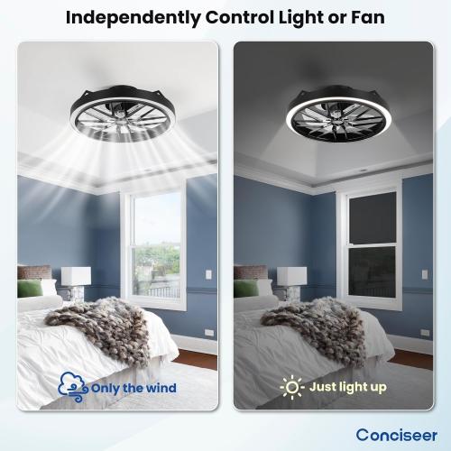 Conciseer Low Profile Ceiling Fan with Lights, 20 Inch Ceiling Fan with Light and Remote for Bedroom Living Room, 36W 3CCT Dimmable, 7 Blades 6 Speed Reversible Quiet DC Motor, LED 36W, Black