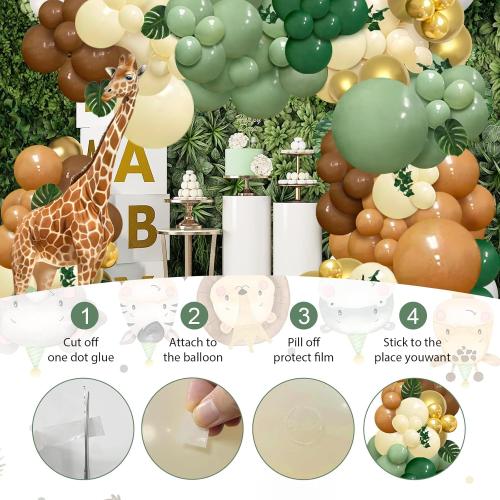 142pcs Jungle Safari Wild One Balloon Arch Kit, Sage Green and Brown Balloon Garland with Palm Leaves for Woodland Tropical Shower Birthday Jungle Party Decoration