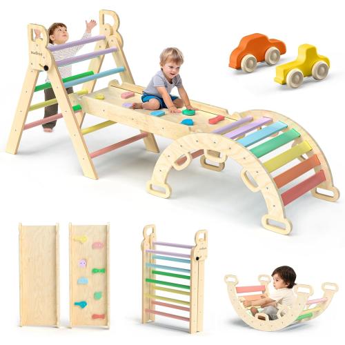 BlueWood Pikler Triangle Set 7in1 Foldable Baby Climbing Toys Wooden Montessori Climbing Set with Arch&Ramp&Ladder Baby Climber Indoor Jungle Gyms for Toddlers Montessori Toys - Rainbow
