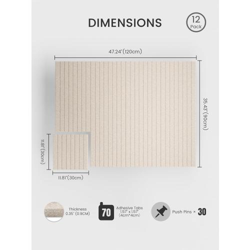 Bumusty Large Cork Board Alternative-48 x 36 Felt Bulletin Board Tiles, with 30 Pushpins, 70 Adhesive Tabs, 12-Pack Slat Wall Paneling, Cork Boards for Office Push Pin Board Felt Board-Oatmeal