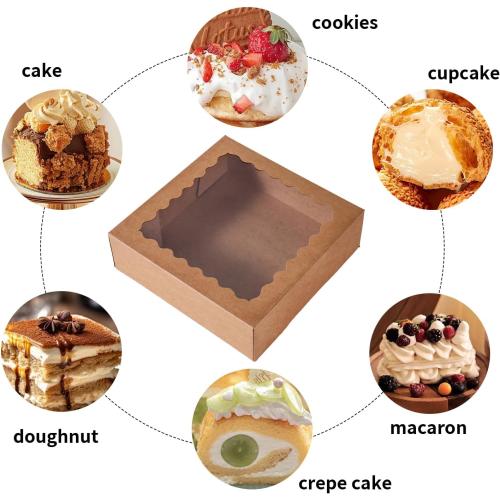9 pcs 8x8x2.5 Inches Bakery Boxes with Window, Cake Pastry Cookie Mini Pie Box for Pastry,Dessert,Strawberries,Chocolates (Brown)