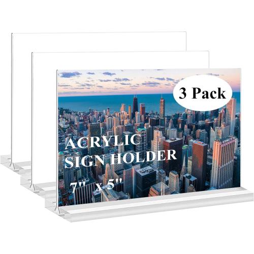 Small Acrylic Sign Holder 7x5 Inches Horizontal, 3 Pack, Clear Acrylic Photo Frame Table Display Stand 5 x 7, for Wedding, Store, Office