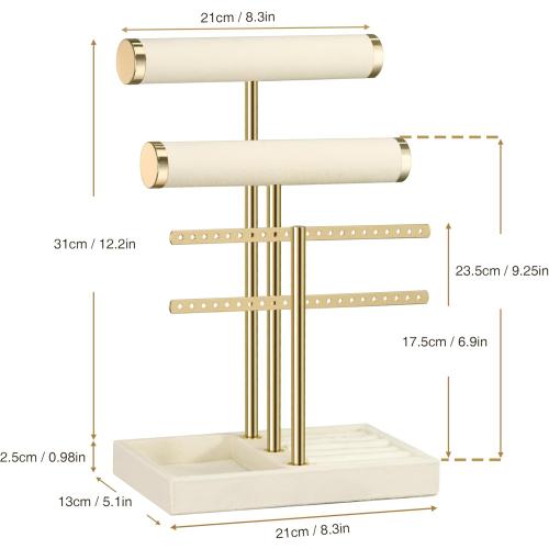 3 Tier Bracelet Holder Display - Detachable T Bar Beige Velvet Bracelet Holder, Jewelry Holder Organizer for Bracelet, Necklace, Earrings, Rings