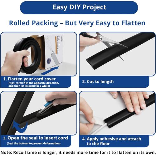 ZhiYo Floor Cord Cover 4ft, Cord Hider Floor Black, Cable Management Cover Prevent Cable Trips, Wire Covers for Electric Power Cords, Wire Protector Cavity W0.47 x H0.28