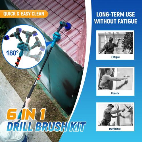 (Missing drill bit) 2-in-1 Cordless Telescoping Pole Drill, 20V Max Power Drill Cleaning Tool with 2 Batteries & 2.0A Charger, 5.3-15FT 180° Adjustable Extension Pole, Comes with 7 Pieces Drill Brush Attachments