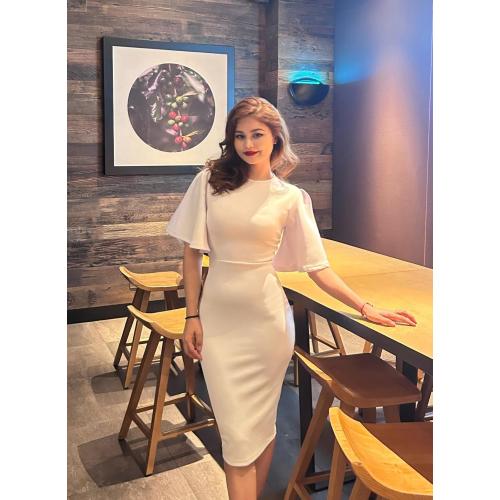 L Memoriesea Women's Basic Bodycon Ruffle Flared Short Sleeve Pencil Midi Dress