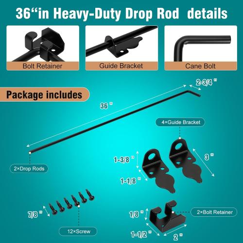 Size 36 Inch 2 pack Color Black Heavy Duty Gate Drop Rod for Gates,Gate Cane Bolt Drop Rod Hardware Ground Latch for Wooden Fences, 36 Cane Bolt Gate Drop Rod,Black Solid Steel(2 Pack for Gate Drop Rod)