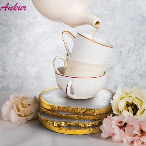 White Natural Sliced Agate Coasters Set of 4 Brazilian Natural Gemstone Coasters with Gold Rim