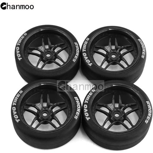 1/10 RC Drift Tires and Plastic Wheels Rims Rally Racing Tyres 12mm Hex for 1:10 Scale On Road Touring Street Car Tamiya Traxxas HPI KYOSHO XV02 XV01 TT01 TT02 PTG2 A959 4PCS (C Black)