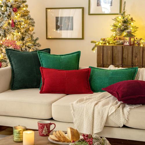 MIULEE Christmas Decorative Throw Pillow Covers for Couch Bed Livingroom 18x18 Inch Set of 2 Burgundy Boho Accent Throw Pllows Broadside Striped Patchwork Soft Corduroy Pillowcases