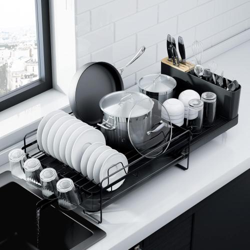 Kitsure Large Dish Drying Rack - Extendable Dish Rack, Multifunctional Dish Rack for Kitchen Counter, Anti-Rust Dish Drainers with Cutlery & Cup Holders 19.2-26.7 L x 12.9 W, Black