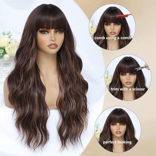 Brown Mix Blonde Wig with Bangs for Women Long Brown Highlights Wavy Wigs 26 Inch Brown Wigs Natural Looking Heat Resistant Synthetic Wig for Daily Party Use