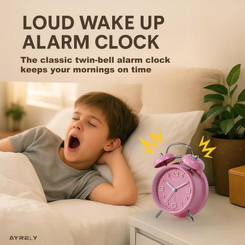 AYRELY® Super Loud Twin Bell Alarm Clock for Heavy Sleepers Adults, 4-Inch Retro Silent Non-Ticking with Night-Light, 3D Raised Number Dial, Battery Operated for Bedroom Bedside (3D Dial – Pink)
