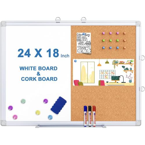 White and Silver 24x18 Magnetic White Board and Cork Board Combo, 24 X 18 inches Whiteboard Bulletin Combination Board, Wall Mounted Dry Erase Message Board for Home, School and Office