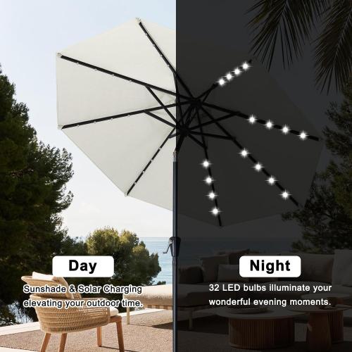 ABCCANOPY Durable Solar Led Patio Umbrellas with 32LED Lights 9FT (Light Beige) | Fade & UV Resistant Fabric,8 Heavy-Duty Ribs,Waterproof，Wind Vent Top,Crank & 45° Tilt,Ideal for Patio,Backyard,Garden