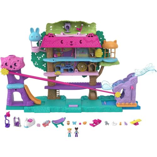 Polly Pocket Doll House with 2 Micro Dolls, Toy Car, Doll Furniture & 4 Pets, Expandable Pet Adventure House
