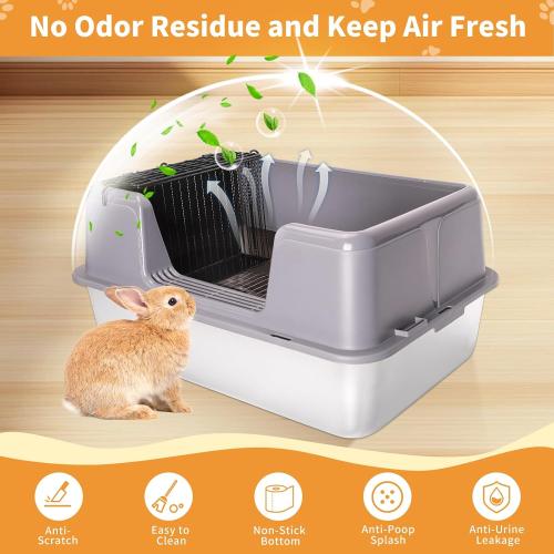 XXL Rabbit Litter Box, 23.6 L x 15.7 W x 12.4 H Stainless Steel Rabbit Litter Box with Lid, Hay Feeder with Hooks, Footed Metal Grid, Easy to Clean for Medium and Large Rabbits