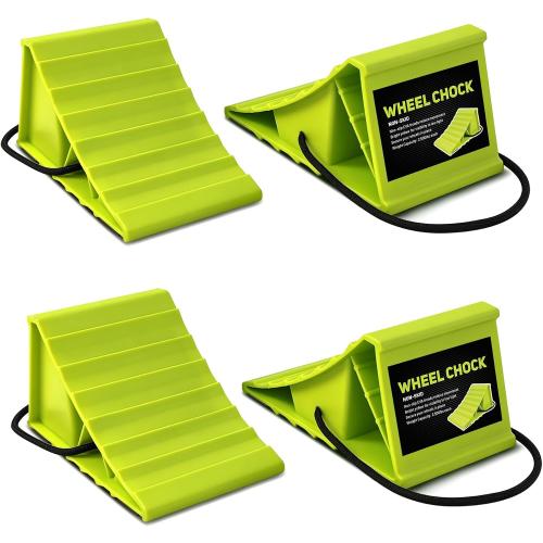 ROBLOCK 4 Pairs Wheel Chocks for Travel Trailers, Non Slip Base Heavy Duty Green Camper Wheel Chockwith Rope, Lightweight Wheel Stoppers for Cars, Camper Trucks, RVs, Easy to Carry, Green