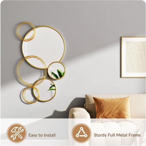 Uniclinens Modern Gold Round Mirror Decor - Large Sculpture Mirror for Living Room, Boho Wall Mirror Decor for Dining Room, Entryway, Hallway, Bedroom, 35X21