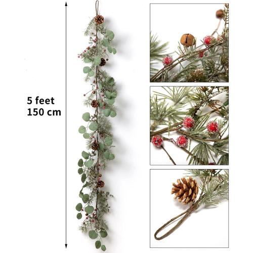 LOHASBEE Artificial Christmas Garland, 5 Feet Pine Cone Eucalyptus Garland with Snow, Red Berries, Bells Glitter for Christmas Indoor Outdoor Garden Gate Front Door Home Wall Window Stair Decor