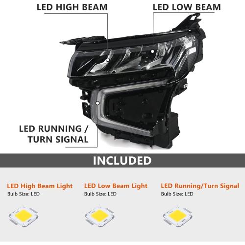 BLACK FIONE Full LED Headlights Assembly Compatible with Chevy Tahoe/Suburban 2021 2022 2023 WITH LED Running Light Factory Headlamps Left Driver Side LH