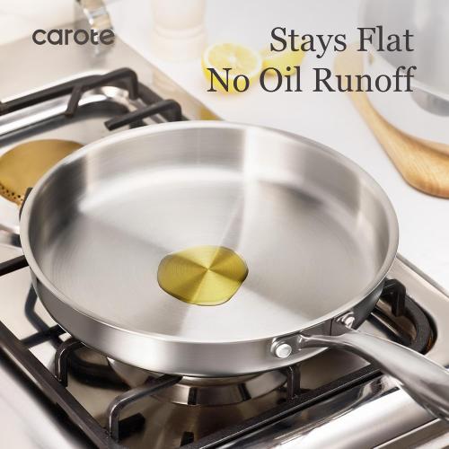 CAROTE 7-Piece Tri-Ply Stainless Steel Frying Pan Set, Skillet Set 8/10/12, Induction Compatible, Oven & Dishwasher Safe, bronze Handle ?❗ no lid