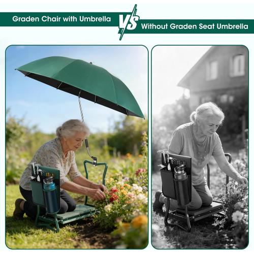 2-in-1 Garden Kneeler with Umbrella, Garden Kneeling Bench & Green Umbrella, Portable Garden Stool Loads Capacity 330lb and Garden Tools Bag with bottle holder, Gardening Gifts for Women,Men,Seniors