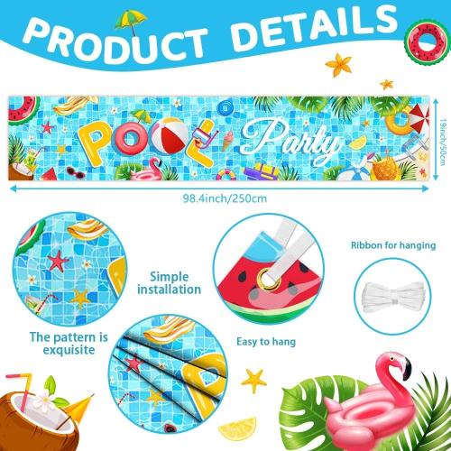 AIBIIN Pool Party Banner Summer Swimming Pool Yard Sign Decorations Splish Splash Summer Pool Decorations Hanging Outdoor Gate Decor Fence Banner Indoor Wall Decor 98x20inch