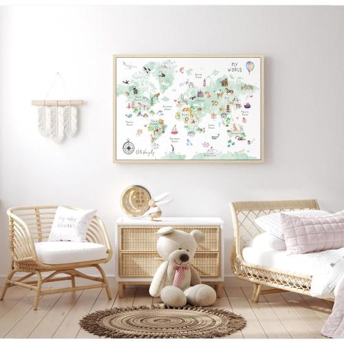 Green Kids World Map Wall Art Animal Map Canvas Art Nursery Wall Decor World Map Poster Childrens Room Decor Playroom Prints Educational Artwork 16x24 Inch framed
