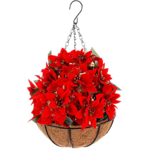 Retrowavy Artificial Christmas Poinsettia Flowers with Hanging Basket for Outdoor Decoration Christmas Hanging Baskets Artificial Poinsettias Plant Pot with Berries for Home Garden Xmas Decoration