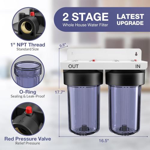 SimPure Whole House Water Filter System, 2 Stages Clear Home Water Pre-Filtration with Carbon and Sediment Filters, Reduce Odor, Chlorine, Taste, Iron, Lead, 1 NPT Brass Port, BPA Free(DB10C-2)
