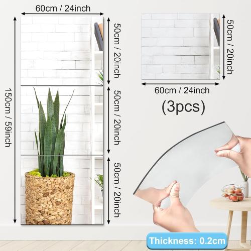 JUNEBRUSHS 3 Pack Self Adhesive Acrylic Mirrors, 20 x 24 Inch Full Length Mirror Tiles,Frameless Mirror Sheets Wall Stickers for Wall Mounted Make Up Gym Workout