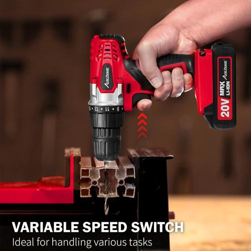 Color red AVID POWER 20V MAX Lithium lon Cordless Drill Set, Power Drill Kit with Battery and Charger, 3/8-Inch Keyless Chuck, Variable Speed, 16 Position and 22pcs Drill Bits (Red)