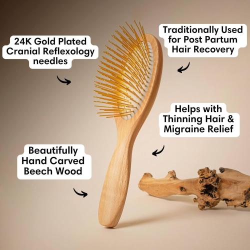 Snow Fox Skincare Gua Sha Hair Brush - Wooden Edition. Scalp Massage Comb with Gold-Plated Metal Bristles for Healthy Follicles. Soothing Gua Sha Acupressure Tool for All Hair Types