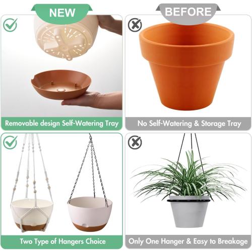 Set of 2-10 Inch Hanging Planters for Indoor Plants with Self-Watering Includes Hanging Pots for Plants, Outdoor Hanging Plant Pot with Drainage, and 2 Types of Hanging Baskets Hangers (White, 10inch)