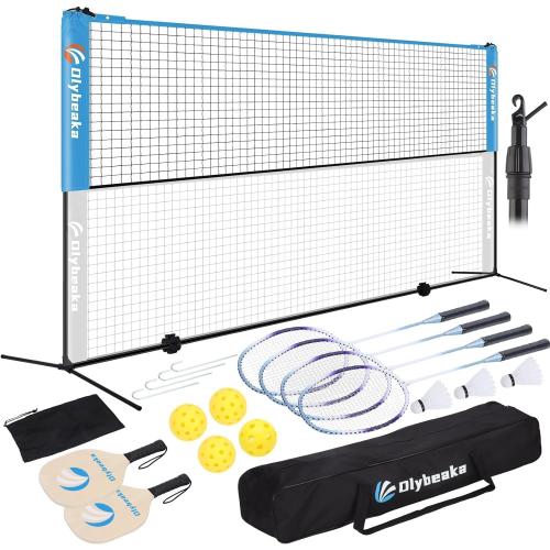 17FT Portable Pickleball Badminton Net Set Outdoor, Height Adjustable Multi Sports Net Set for Backyards Beach Driveway with 4 Aluminum Rackets, 2 Pickle Paddles and Carry Bag, Easy Set Up & Durable
