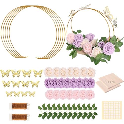 8 Pack 12 Inches Double Floral Hoop Centerpieces with Stand - Metal Foral Hoop Centerpiece Kit with 36 Butterflies, 45 Flowers, 36 Leaves, for Table Decorations Wedding Baptism Party Centerpiece DIY