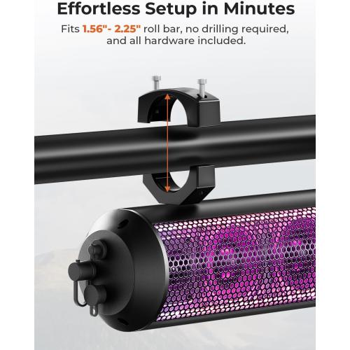 KEMIMOTO UTV Sound Bar 28 Inch ATV Soundbar 4X Subwoofers LED Party Lights Bluetooth Golf Cart Sound Bar 2X Tweeters Compatible with Polaris RZR Can-Am X3 Defender CFMOTO for 1.56- 2.25 Roll Cage