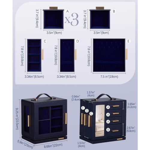 Homde Jewelry Box 360° Rotating, Necklace Earring Organizer with Transparent Window, Mirror, 7 Drawers, Large Ring Display Storage Case for Girls Women (Dark Blue)