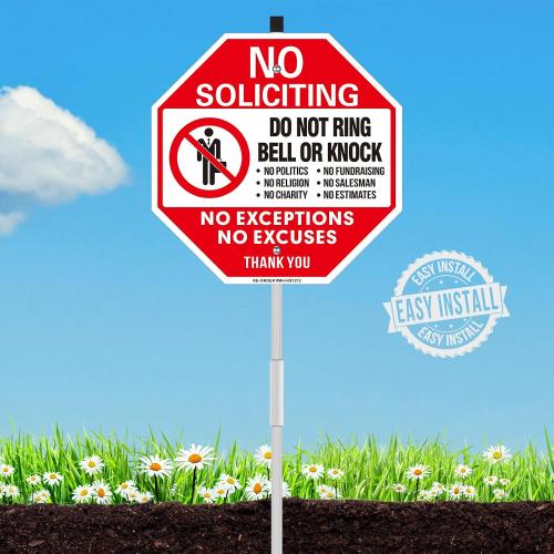 No Soliciting Sign for House With Stake - 12W x 36H Aluminum Do Not Ring Bell or Knock Sign - No Exceptions for Yard, Easy Install, Weather Resistant