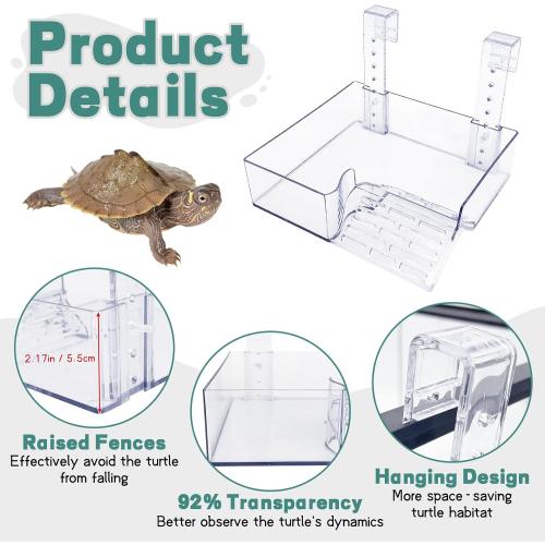 PINVNBY Hanging Turtle Basking Platform Adjustable Floating Turtle Dock with Guardrail and Ramp Acrylic Transparent Basking Platform for Aquatic Turtles Tortoise Tank Accessories Decor (Medium)