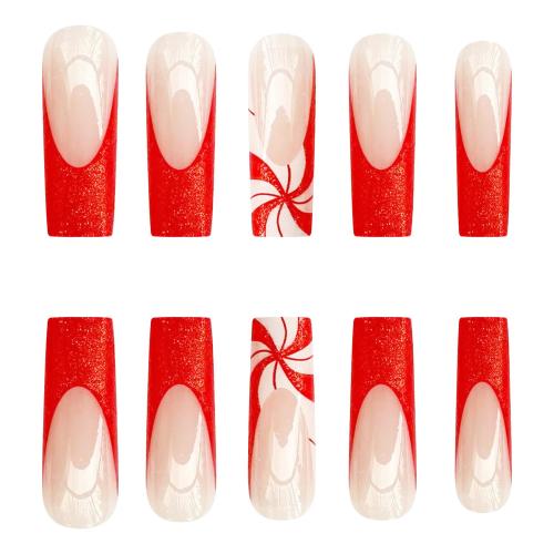 24 Pcs Christmas Press on Nails Long Fake Nails Coffin False Nails with Candy Design Glitter French Tip Nails Press ons Acrylic Artificial Nail Winter Xmas Glue on Nail for Women Girls