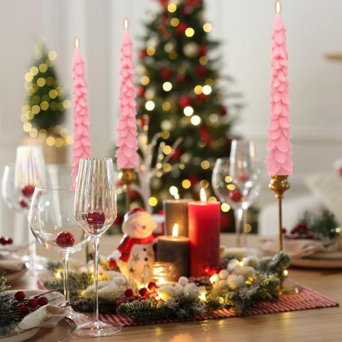 8 pcs Christmas Tree Shaped Taper Candles Pink Christmas Tree Candle 10 Inch Christmas Table Decoration Holiday Gift for Home Family Decorative Centerpiece Decorations