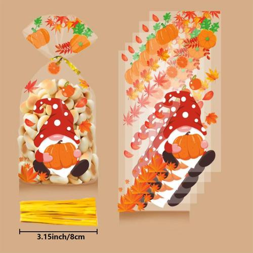 50Pcs Fall Thanksgiving Treat Bags, Happy Thanksgiving Candy Bags, Plastic Thanksgiving Goodie Bag, Fall Treat Goodie Cellophane Gift Bags with Twist Ties for Fall Party Decorations Supplies Favors